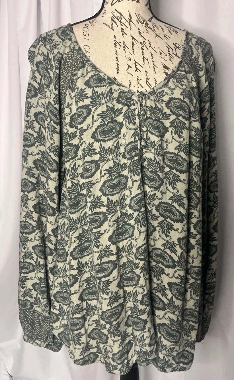 Knox Rose Sage Green Blouse Boho Tunic Floral Hippy Women’s XL
